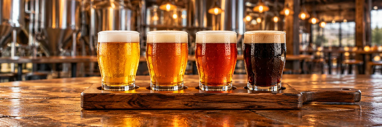 AI-generated concept illustration of a craft beer flight in an imagined taproom