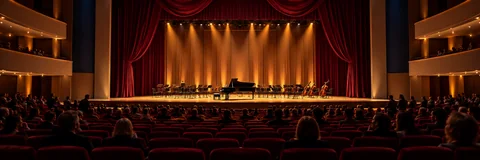 AI-generated concept illustration: audience facing a warmly lit concert stage and red curtains
