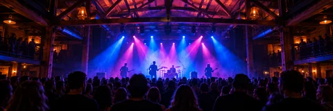 AI-generated concept illustration: crowd watching a band under blue and magenta stage lights