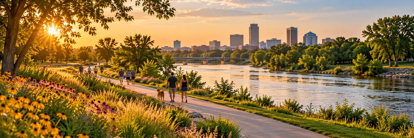 AI-generated concept illustration: a summer riverfront walk at sunset