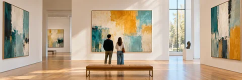 AI-generated concept illustration: visitors considering abstract paintings in an imagined gallery