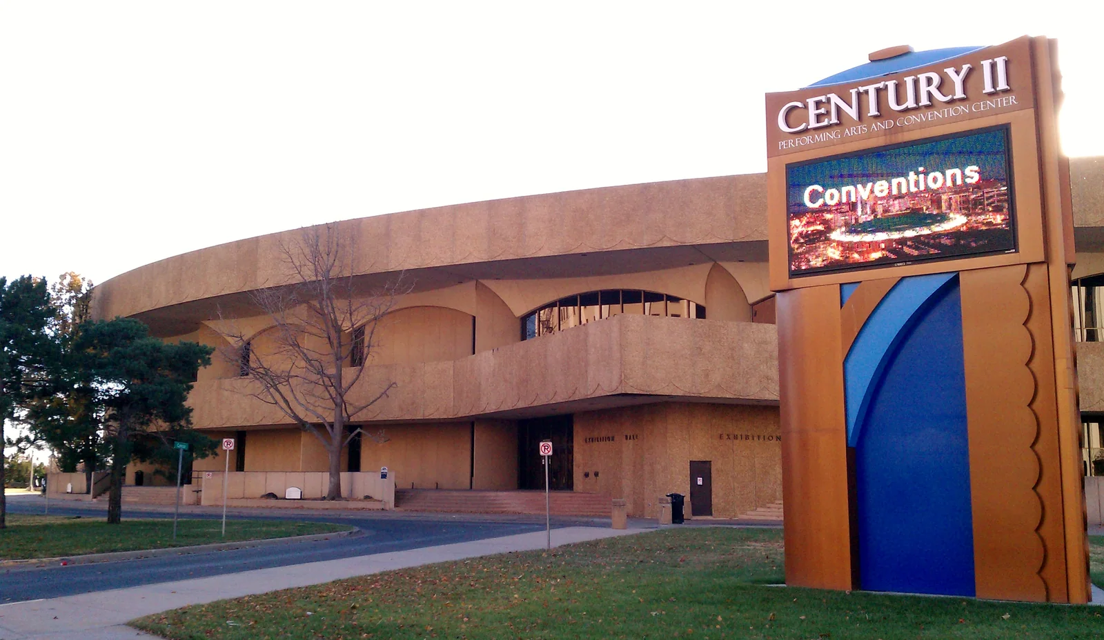 Century II sign and Exhibition Hall exterior, photographed in November 2013
