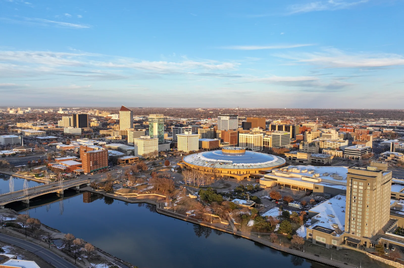 Downtown Wichita and Century II from above, November 2023