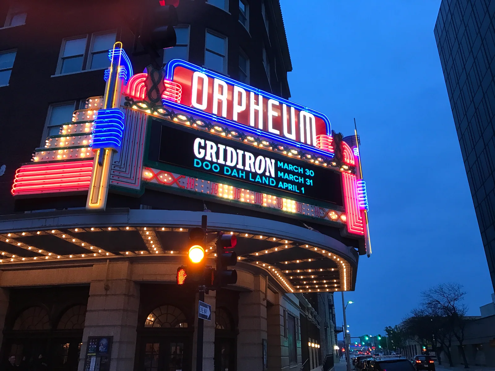 Wichita Orpheum Theatre neon marquee with historical 2017 show advertising