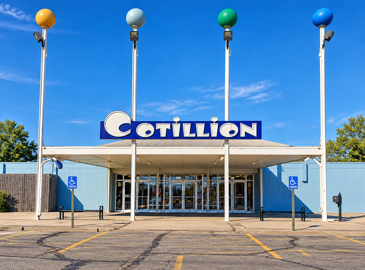 The Cotillion exterior, entrance and four colored globe-topped poles