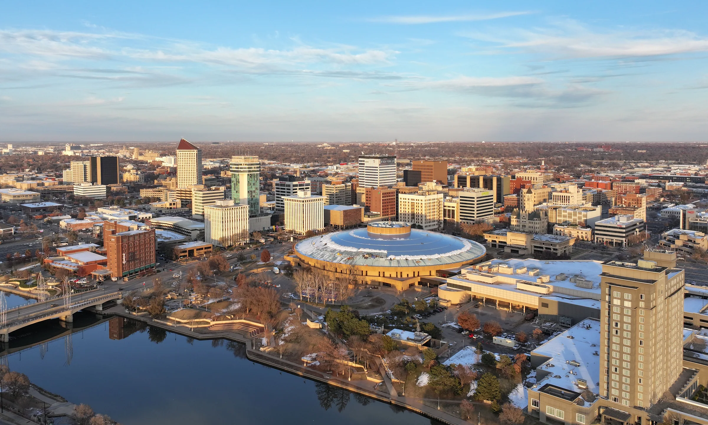 Downtown Wichita and Century II beside the Arkansas River, photographed in November 2023
